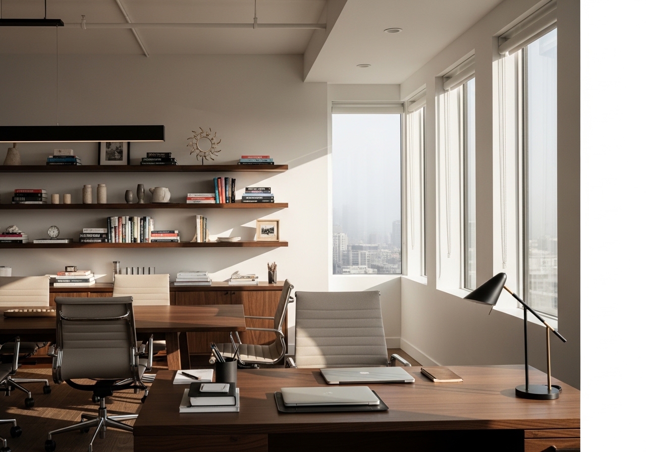 Professional office environment with modern furnishings and collaborative workspace setup, reflecting a boutique consulting firm atmosphere.