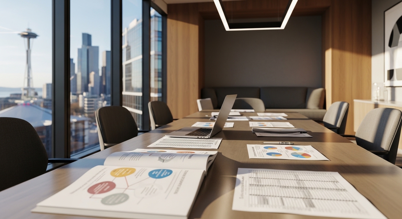 Senior business consultant reviewing strategy documents with client in Seattle office
