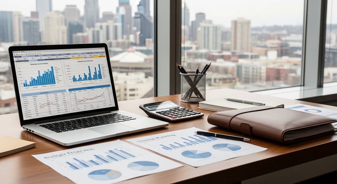 Financial consultant reviewing budget spreadsheet with business owner