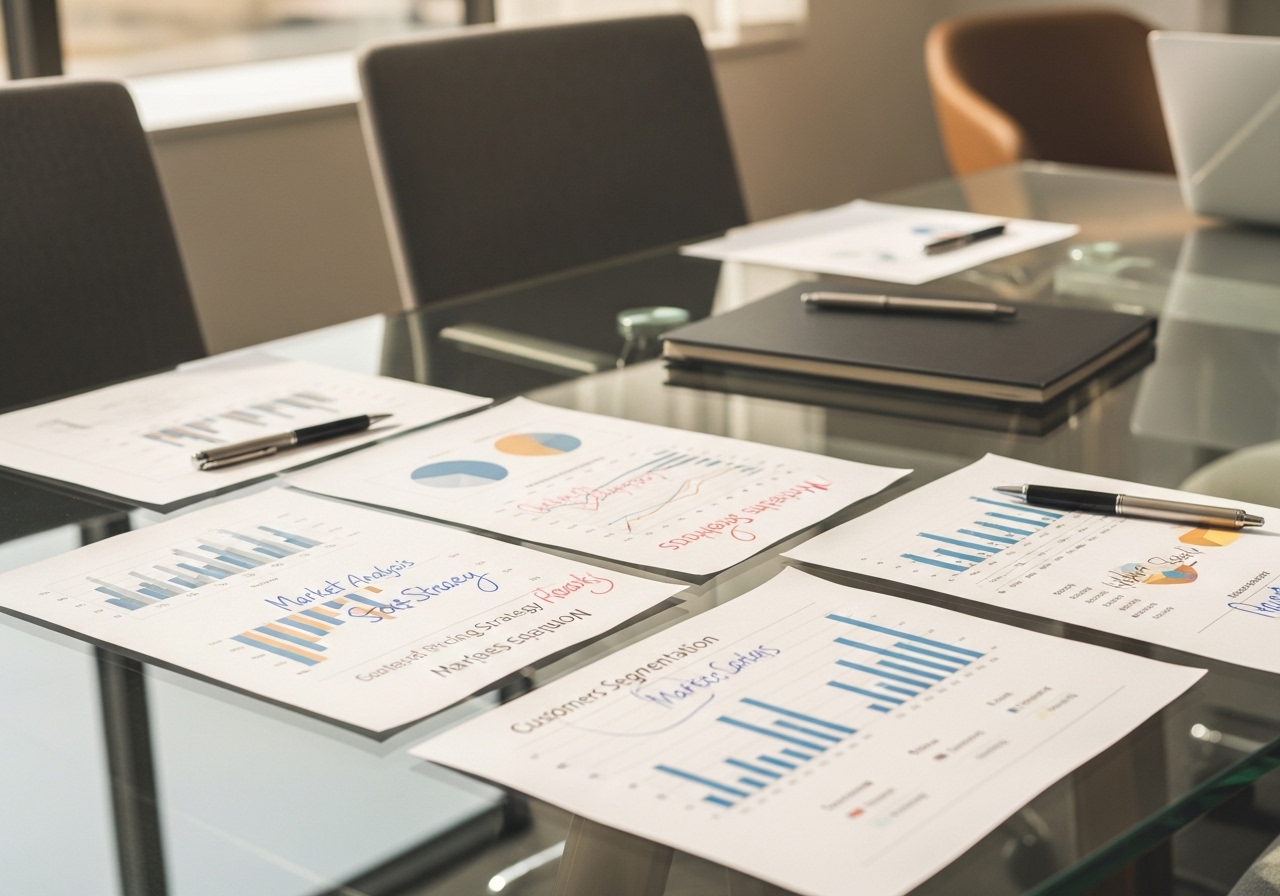 Professional consultants in modern office reviewing strategy documents and market analysis