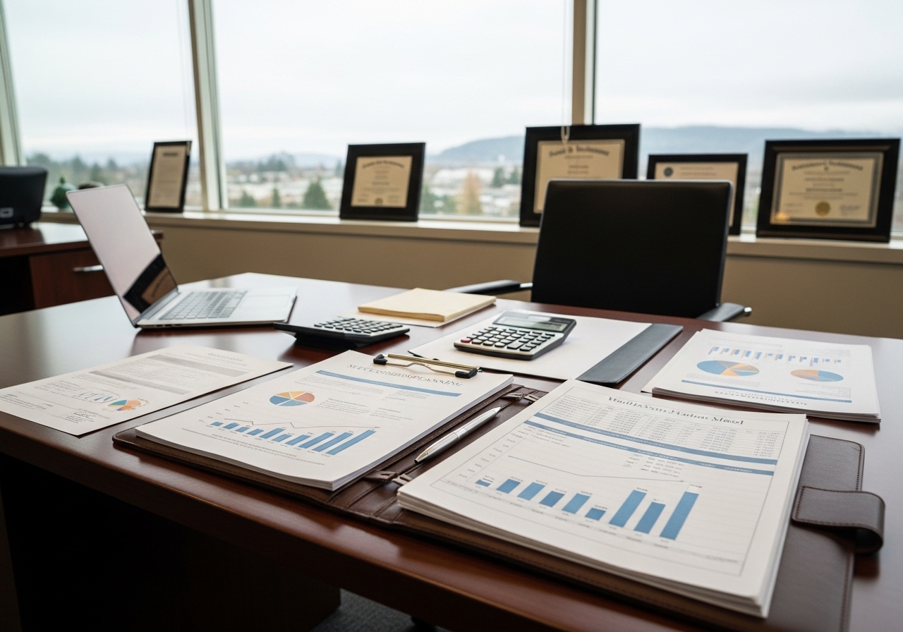 Multigenerational family business owners reviewing succession and financial planning documents