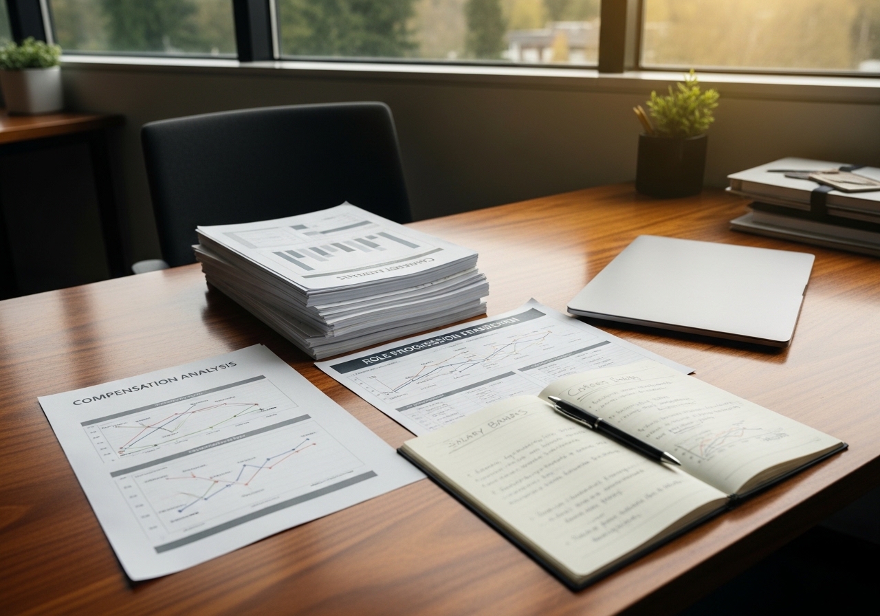 HR team members reviewing compensation and career development documents at conference table