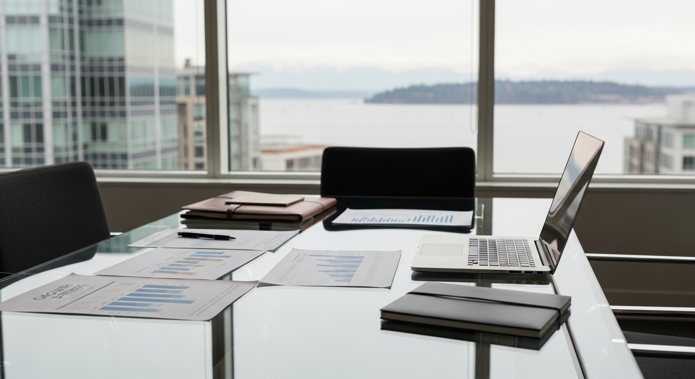 Professional consultant reviewing growth strategy documents with a Seattle business owner in a modern downtown office.