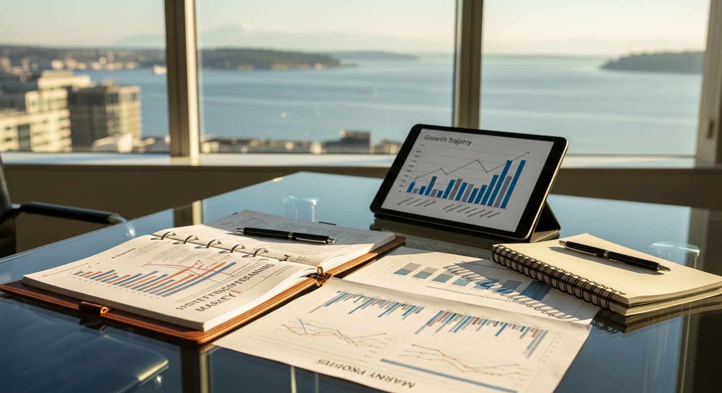 A business strategy consultant and a client reviewing a growth plan document at a conference table in a Seattle office building. Charts and a whiteboard with market positioning notes are visible in the background.
