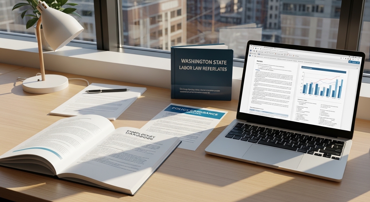 An HR consultant and business owner review employment policy documents at a conference table inside a modern Seattle office building. Printed compliance checklists and a laptop showing a Washington State labor standards page are visible on the table.