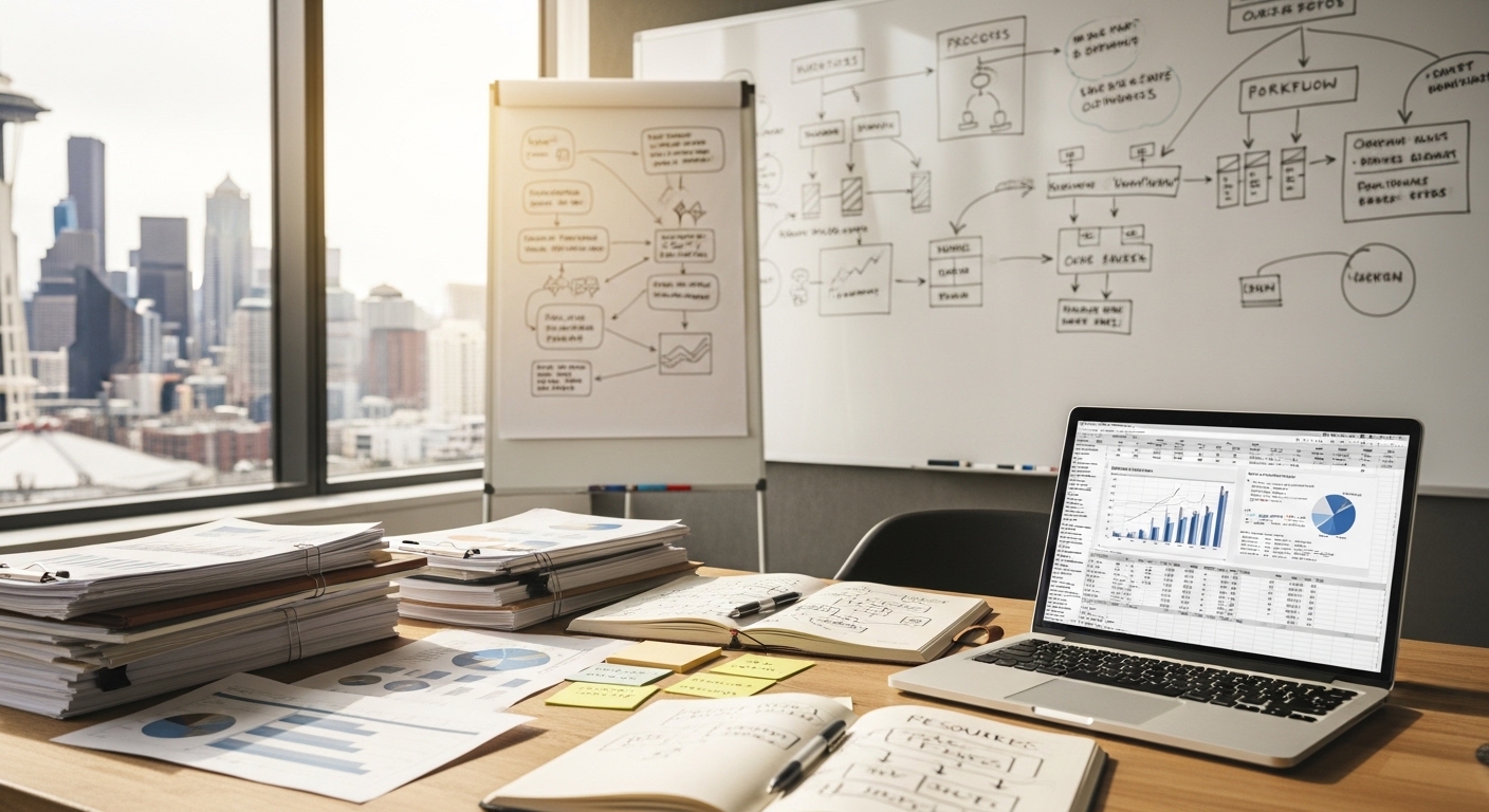 A business consultant reviewing a workflow diagram with a client at a modern office desk in downtown Seattle. The image shows printed process maps and a laptop open to an operational data dashboard.